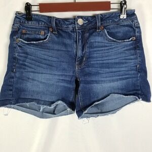 American Eagle Womens Tomgirl Midi Denim Blue Jean Shorts Distressed Raw Hem